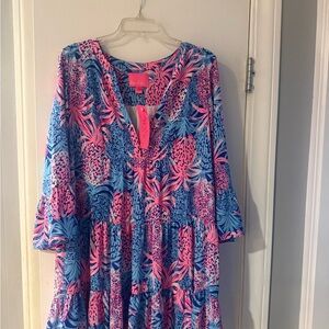 NWT Lilly Pulitzer Vibrant Pink and Blue Long Sleeve Borealis Blue Dress Size 14